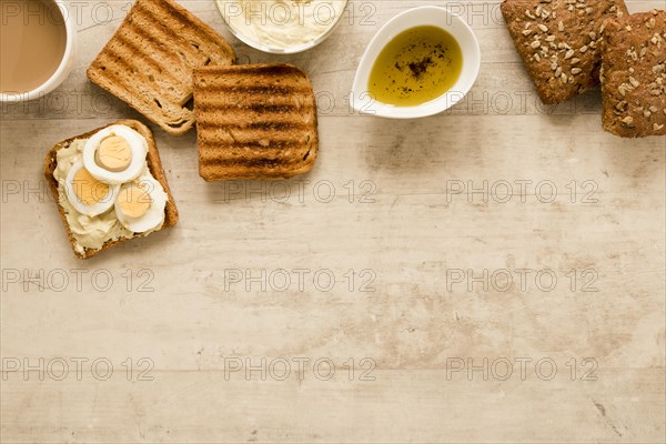 Flat lay toast boiled eggs with copy space