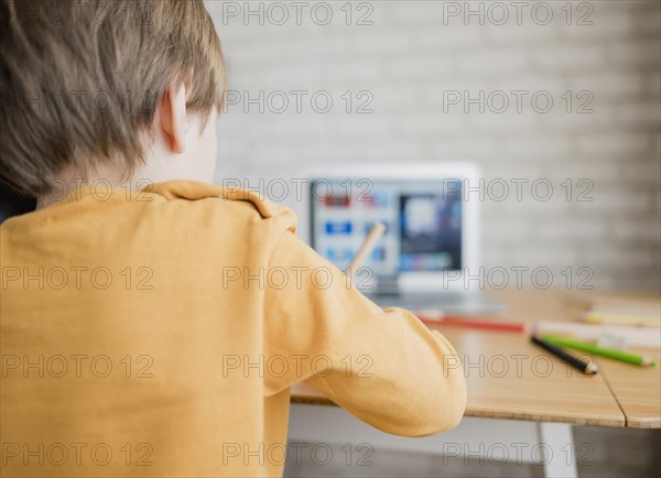 Back view child learning from laptop home