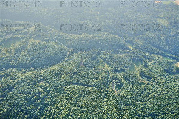 Aerial view over the forests near Woerth an der Donau