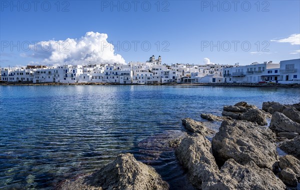 Local view of Naoussa town and blue sea