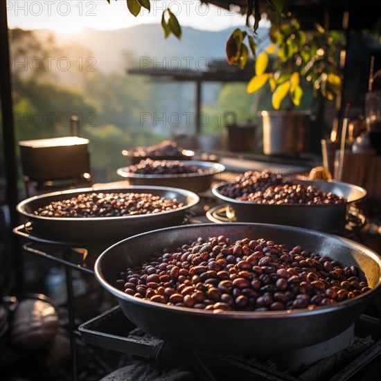 Coffee beans fresh and roasted Coffee beans on a plantation