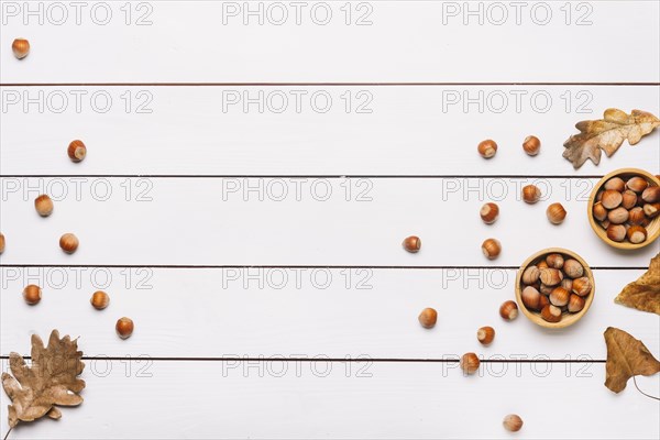 Hazelnuts leaves white table