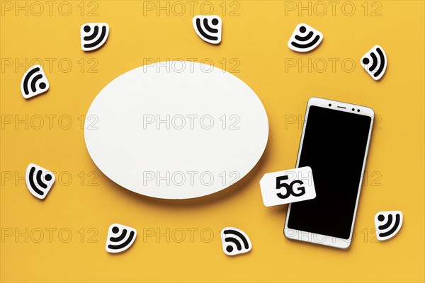 Top view wi fi symbols with smartphone sim card