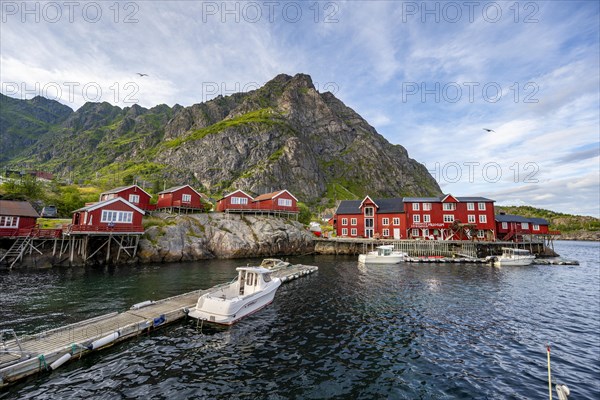 Traditional red rorbuer wooden cabins with stockfish museum