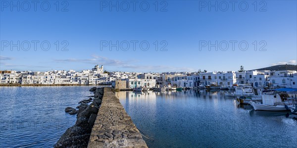 Local view of Naoussa town and blue sea