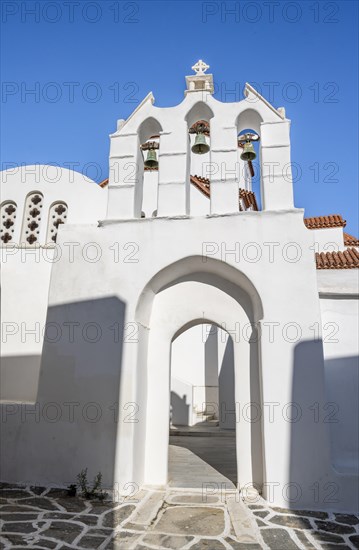 Archway with bells of the Chapel of Agios Antonios and Greek Orthodox Church of Metamorfosi Sotiros