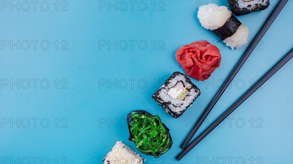 Delicious sushi rolls with copy space