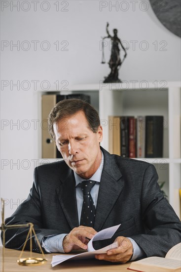 Male lawyer inspecting contract court room