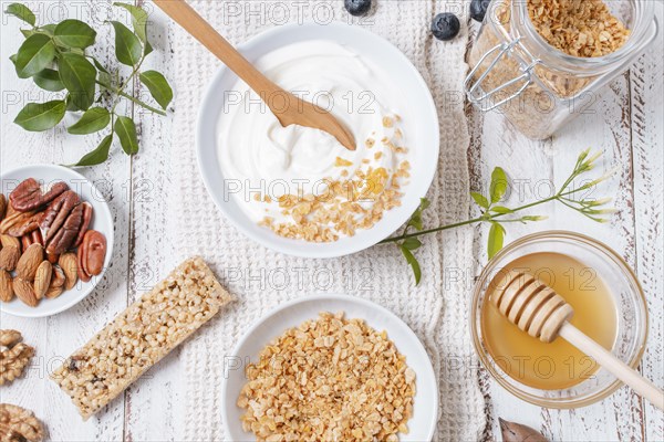 Top view yogurt bowl with oats table