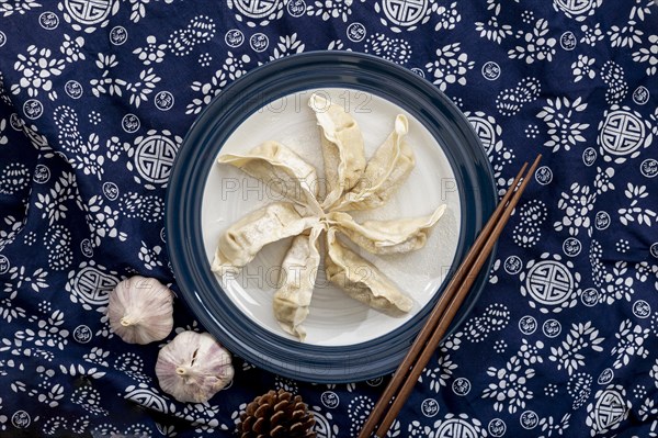 Dim sum white plate with garlic floral blue background