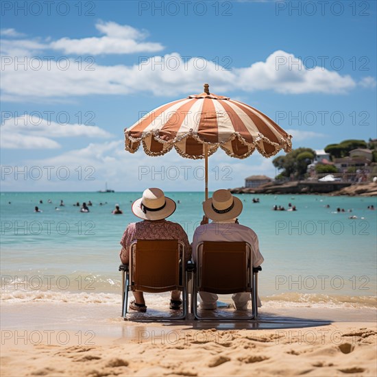 Retired couple sitting on sun loungers under an umbrella and looking at the sea