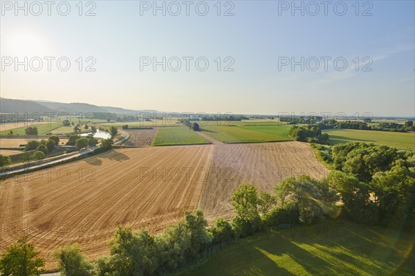 Aerial view over the fields and forests near Woerth an der Donau