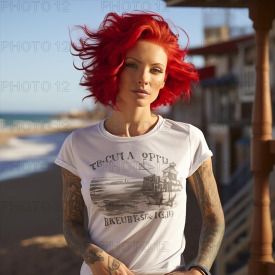 Woman with tattoos on torso at the beach and beach club