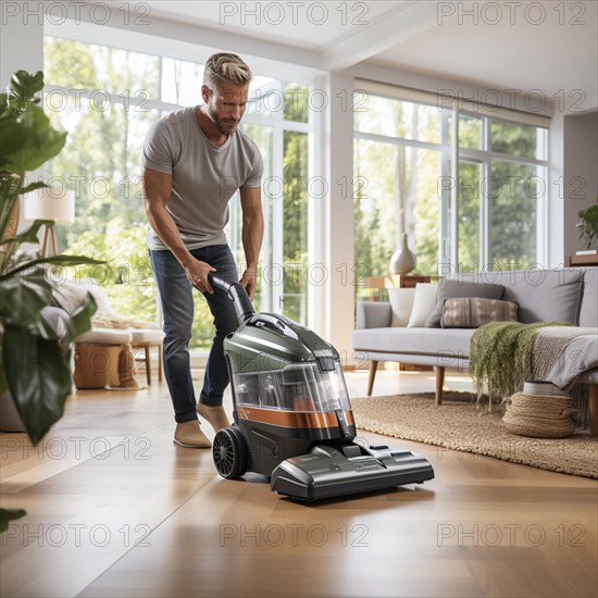 Family man vacuuming in the household