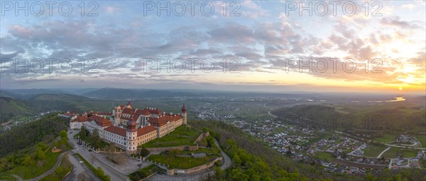 Aerial view of Goettweig Abbey and sunrise over the Danube
