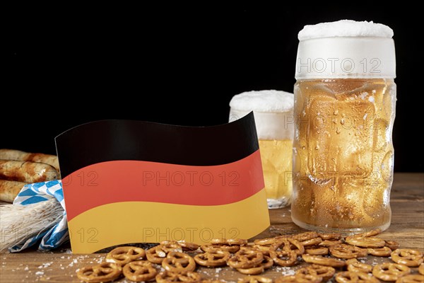 Close up bavarian beer with german flag