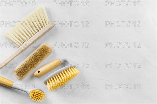 Top view cleaning brushes with copy space