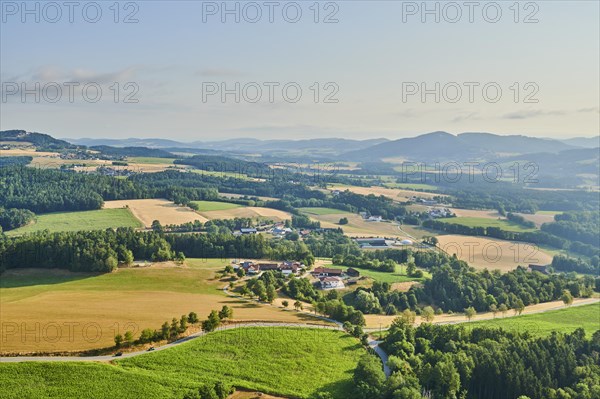 Aerial view over the fields and forests near Woerth an der Donau