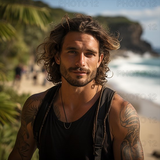 Man with tattoos on upper body on the beach and beach club