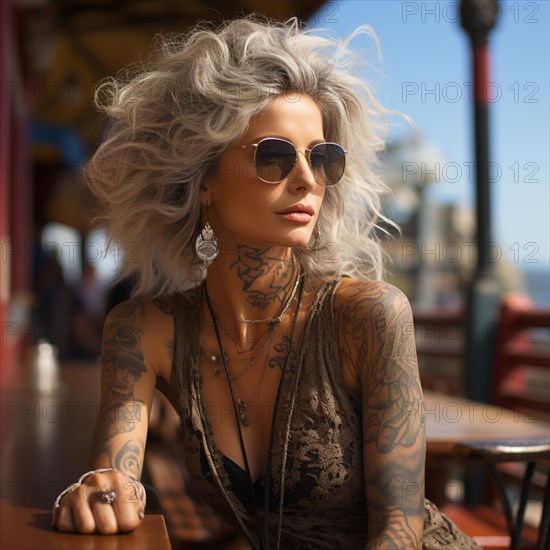 Woman with tattoos on torso at the beach and beach club