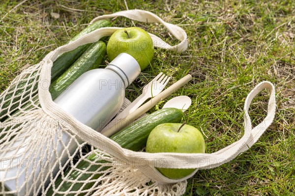 High angle food reusable bag grass