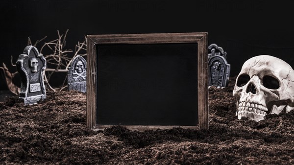 Black empty sign standing graveyard with skull