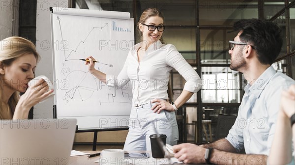 Businesswoman with glasses during meeting presentation with her colleagues