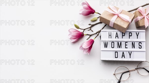 Happy women s day lettering white background with copy space