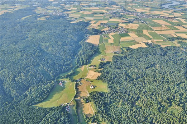 Aerial view over the fields and forests near Woerth an der Donau