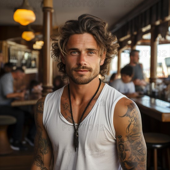 Man with tattoos on upper body on the beach and beach club