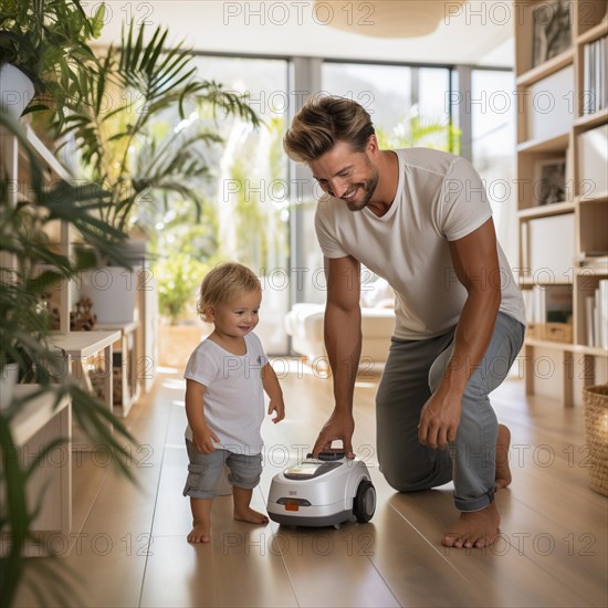 Family man vacuuming in the household