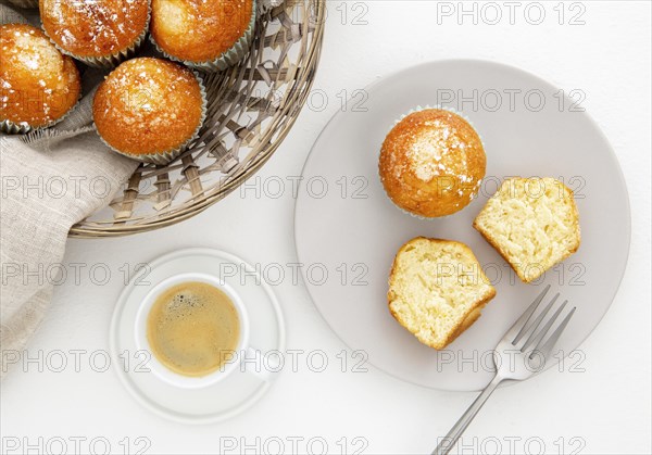 Breakfast with cut muffins coffee