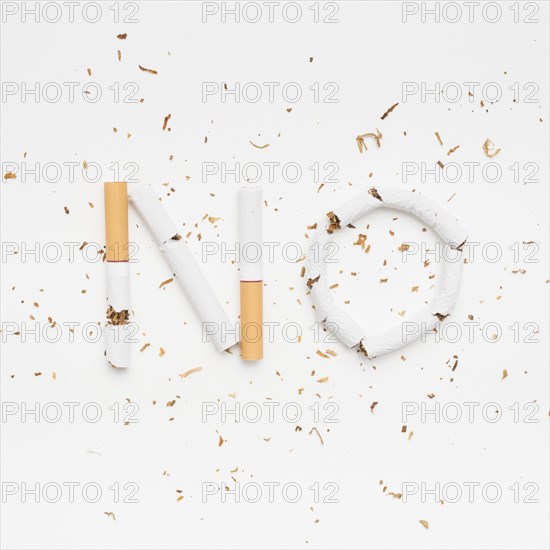 Word no made from broken cigarette with tobacco isolated white background
