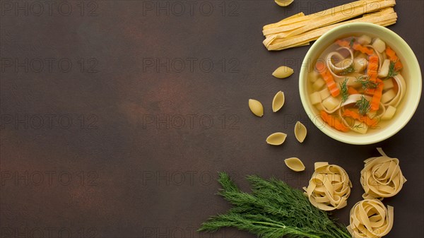 Top view winter vegetables soup bowl with