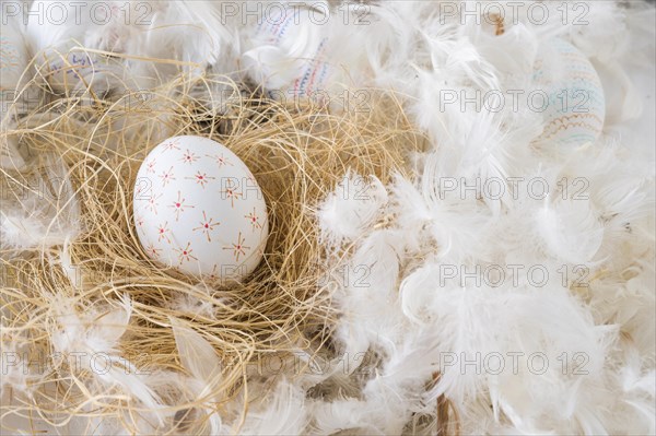 Set easter eggs hay heap feathers
