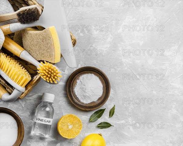 Top view eco cleaning products basket with baking soda