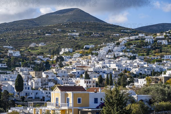 View over the village of Lefkes with white Cycladic houses