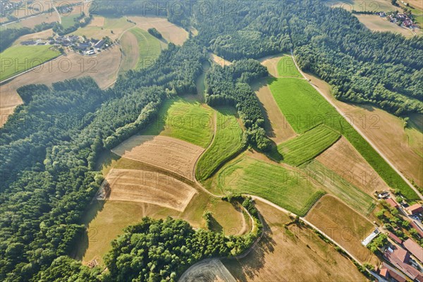 Aerial view over the fields and forests near Woerth an der Donau