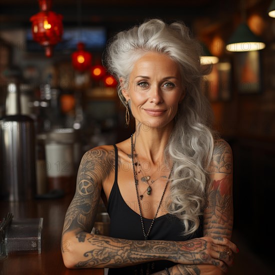 Woman with tattoos on torso at the beach and beach club