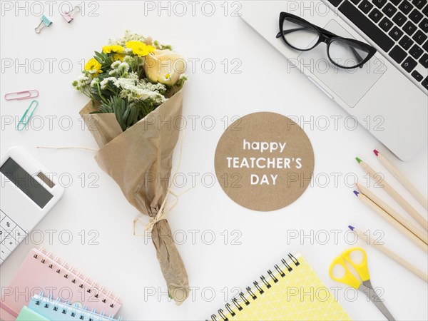 Flat lay teacher desk concept