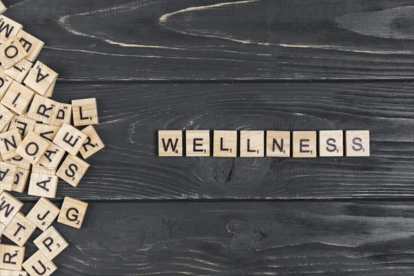 Wellness word wooden background