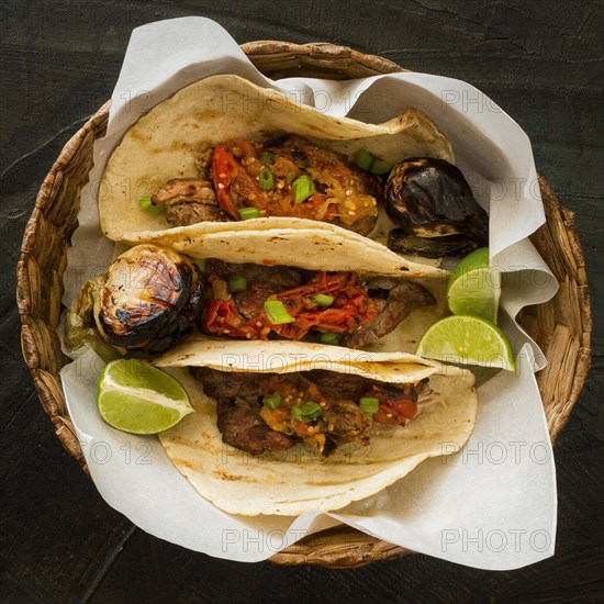 Flat lay tacos with meat basket