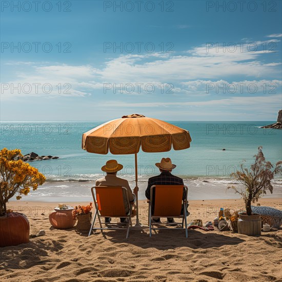 Retired couple sitting on sun loungers under an umbrella and looking at the sea