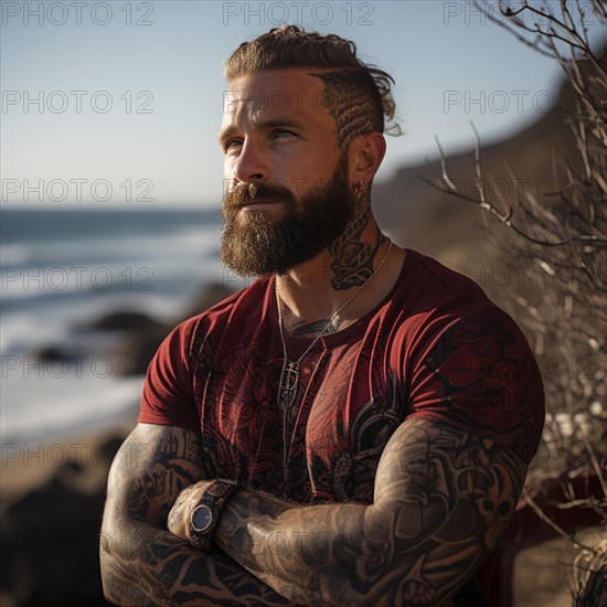 Man with tattoos on upper body on the beach and beach club