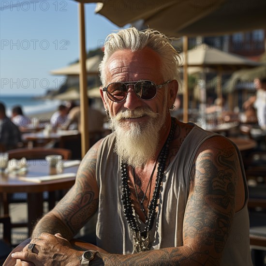 Man with tattoos on upper body on the beach and beach club