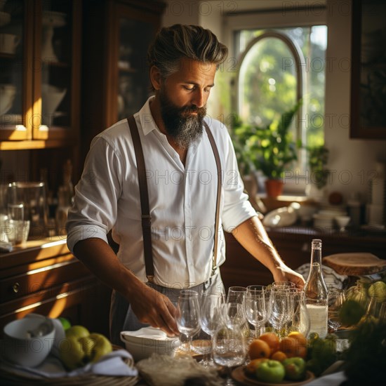 Father in the kitchen washing up plates and glasses