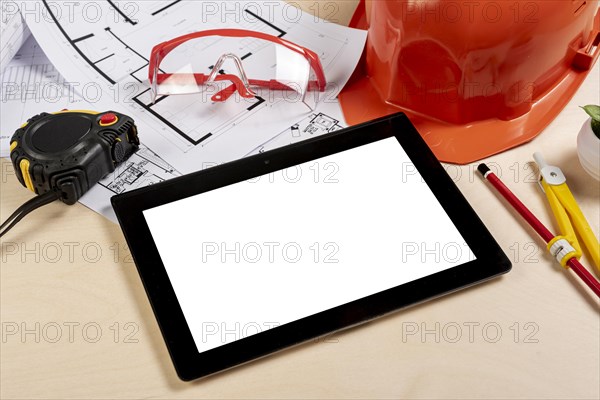 High angle desk with tablet it mock up