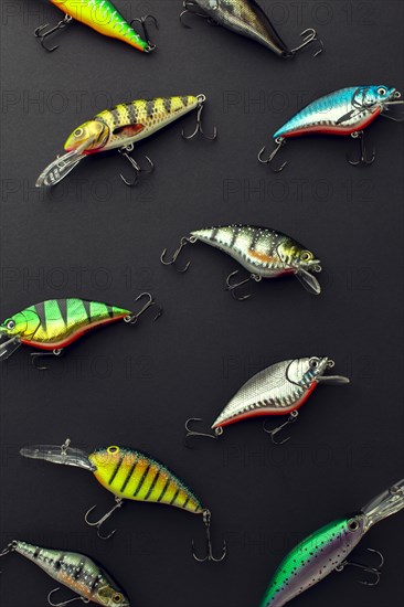 Flay lay pf multicolored fishing bait