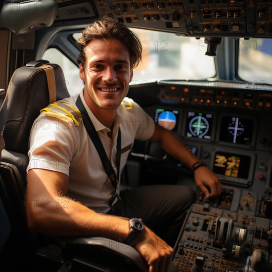 Proud pilots sit in the cockpit of their plane