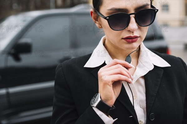 Close up security female working